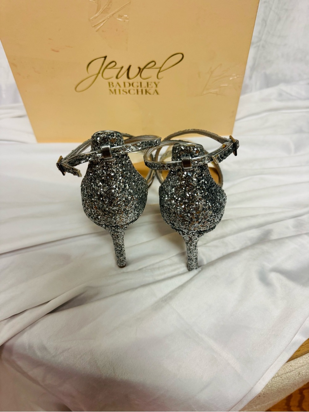 Badgley Mischka Silver Glitter Strappy Heels - Picture 2 of 4